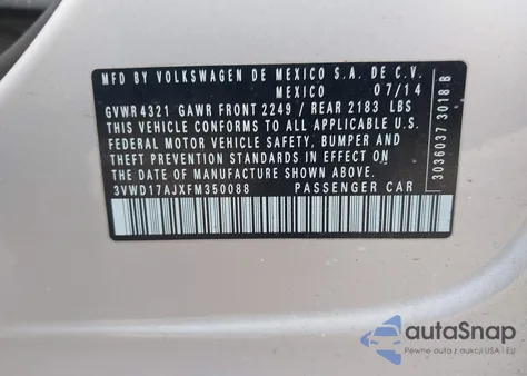 2015 Volkswagen Jetta 1.8T Se from USA, damaged, VIN 3VWD17AJXFM350088